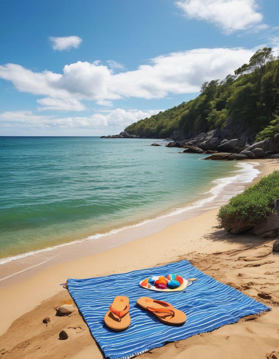 A picturesque scene showcasing a stunning mountain lake on one side and a sunny sandy beach on the other, with an array of stylish swimwear displayed on rocks and sand. In the foreground, a pair of sandals, a beach towel, and a vibrant beach umbrella emphasizing the adventure vibe. The background features clear blue skies, lush greenery, and playful waves crashing on the shore. playful colors. super-realistic.